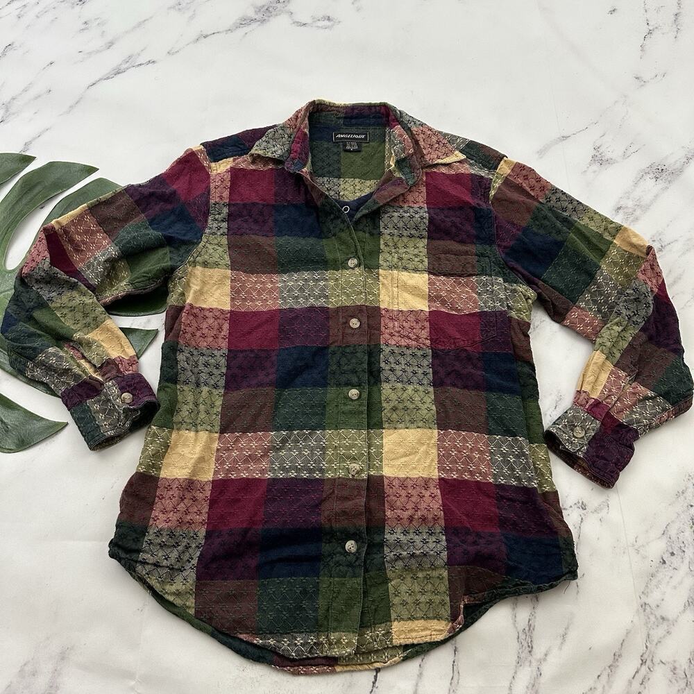 Angelique Womens Vintage 90s Plaid Top Size S Blue Purple Plaid Layered